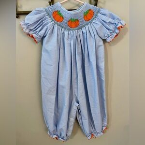 Smocked Auctions Blue and White Striped Bishop Smocked Pumpkin Long Romper